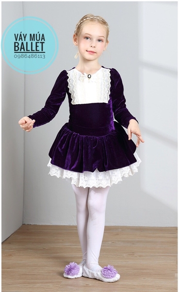 Set áo váy múa nhung cổ điển dài tay (tím, hồng)