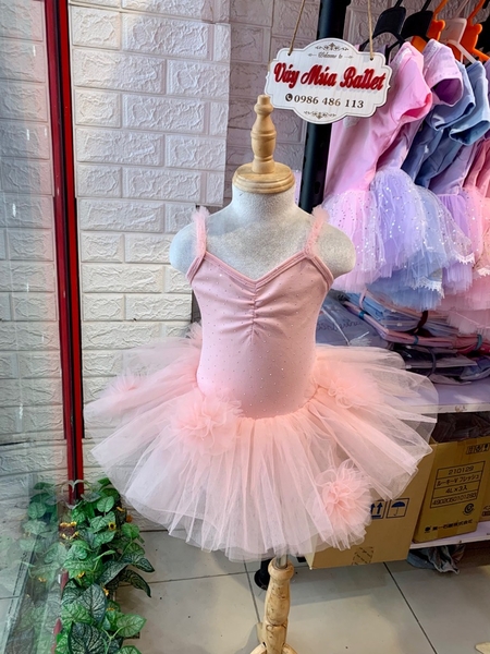 Váy múa cotton đá dây voan hoa bồng