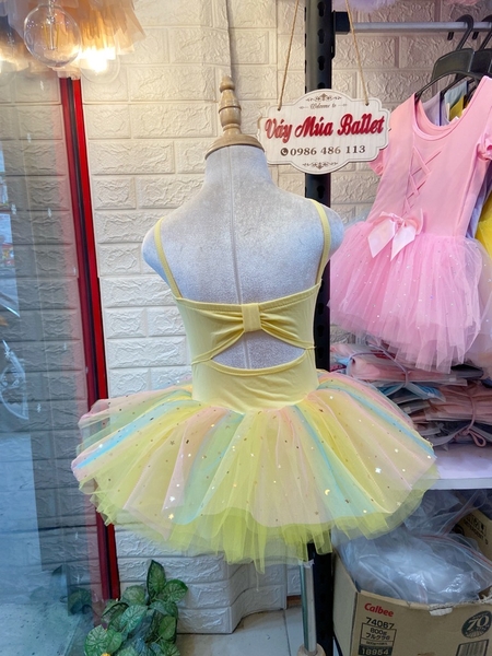 Váy múa 2 dây nơ lưng cầu vồng (vàng, hồng)