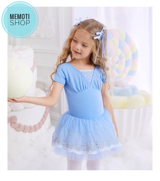 Váy múa đáp ngực phối chân ren tay ngắn (tím, xanh, hồng)