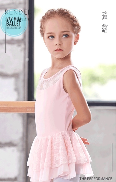 Váy tập múa ba lỗ phối ren 2 tầng (hồng, đen)