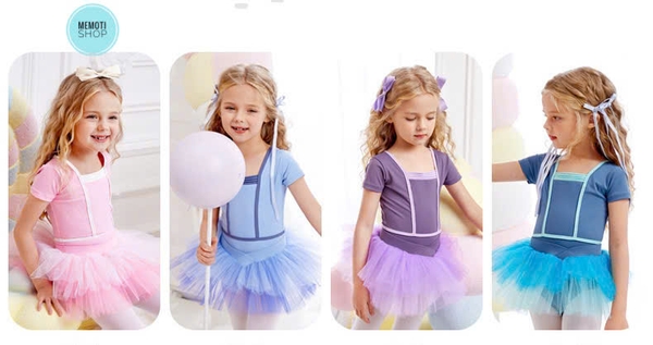 Set áo váy múa đáp ngực tay ngắn hồng