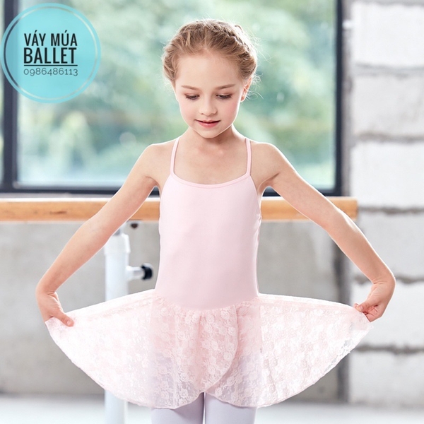 Váy tập múa 2 dây phối ren chéo (hồng, đen)