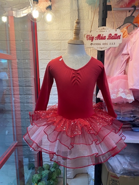 Váy múa đan lưng lấp lánh đỏ đô dài tay