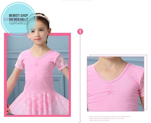 Váy tập múa ren ngắn tay (trắng, hồng)