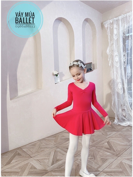 Váy tập múa cotton nơ lưng dài tay hồng