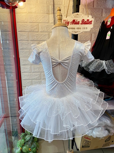 Váy múa tay tiên ngắn thun lấp lánh trắng