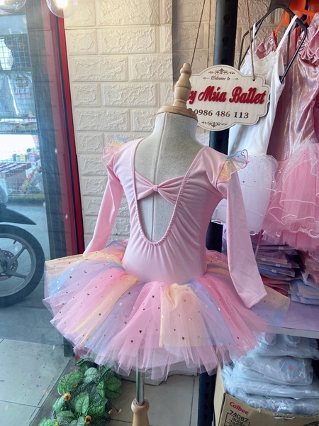 Váy múa tiên dài tay cầu vồng hồng