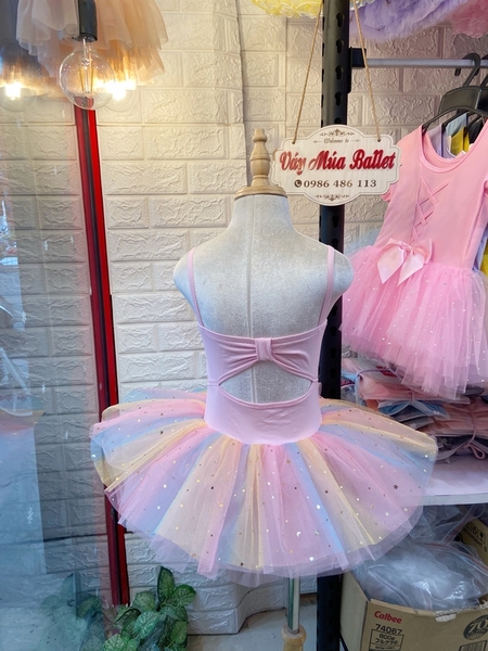 Váy múa 2 dây nơ lưng cầu vồng (vàng, hồng)