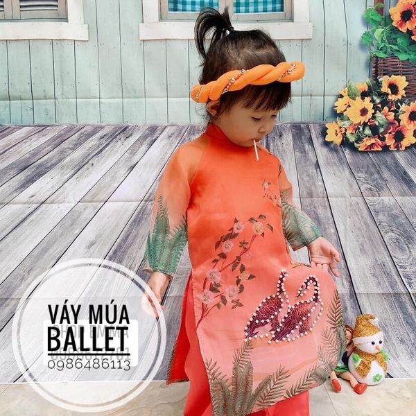 Bộ áo dài cam đôi vịt cườm