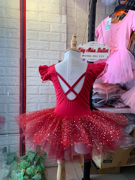 Váy múa tay tiên đỏ đô nhũ lấp lánh