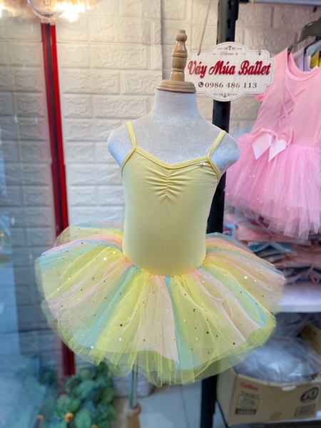 Váy múa 2 dây nơ lưng cầu vồng (vàng, hồng)