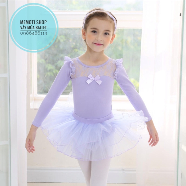 Set váy múa ren nơ dài tay (tím, hồng)