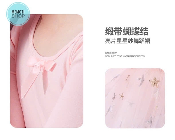 Váy múa đan lưng nơ sao to dài (hồng, tím, xanh)