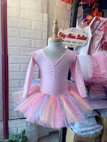 Váy múa tiên dài tay cầu vồng hồng