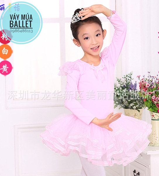 Váy múa tiên viền dài tay màu hồng, trắng, vàng