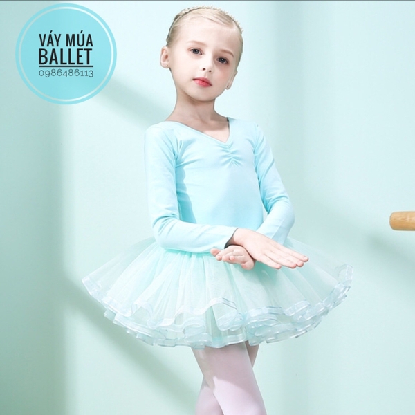 Váy múa nơ lưng viền dài tay (tím, hồng, xanh)