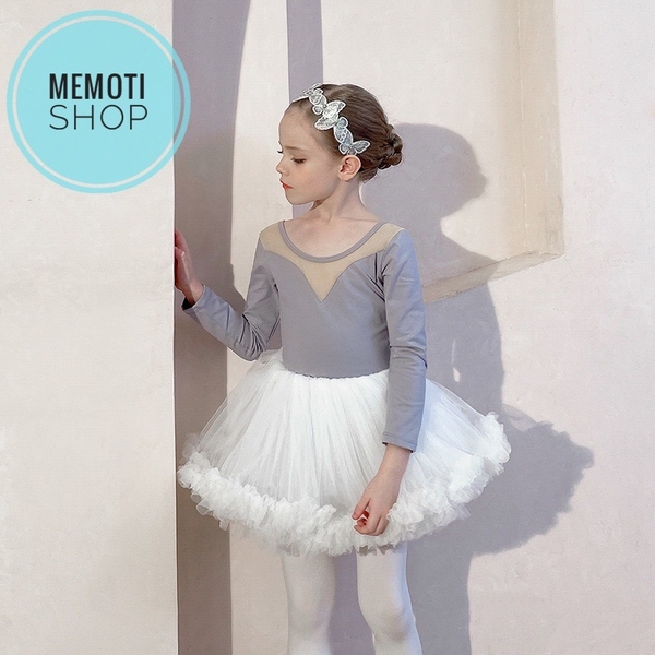 Set áo váy múa V lưng tutu dài tay (đen, ghi)