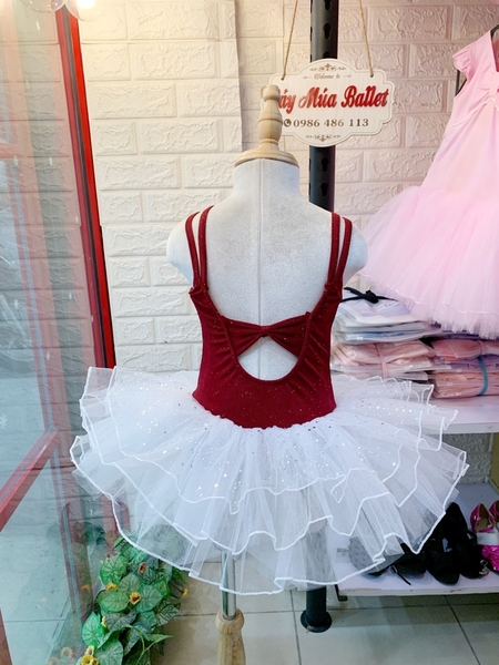 Váy múa dây thun đỏ đô nhũ trắng