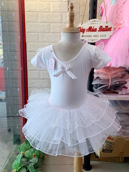 Váy múa tiên tay ngắn von lấp lánh trắng