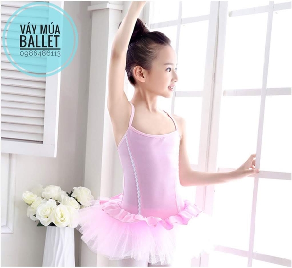 Váy múa 2 dây bèo xoè màu tím, hồng