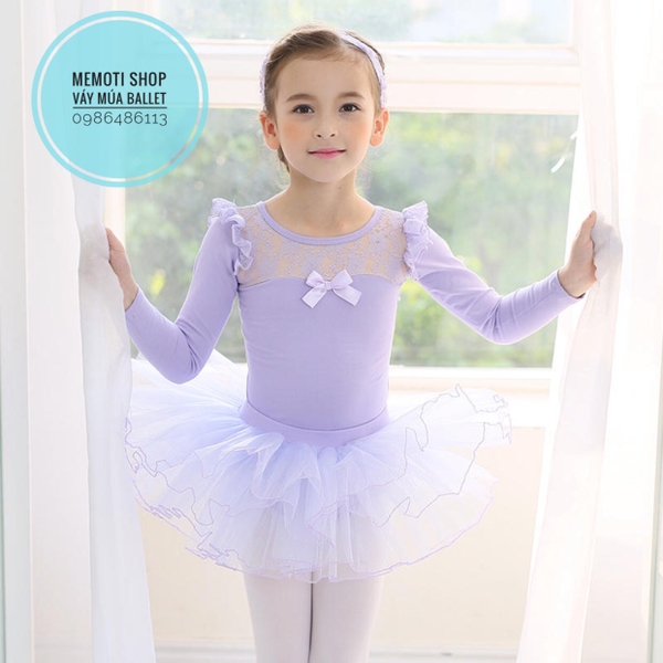 Set váy múa ren nơ dài tay (tím, hồng)