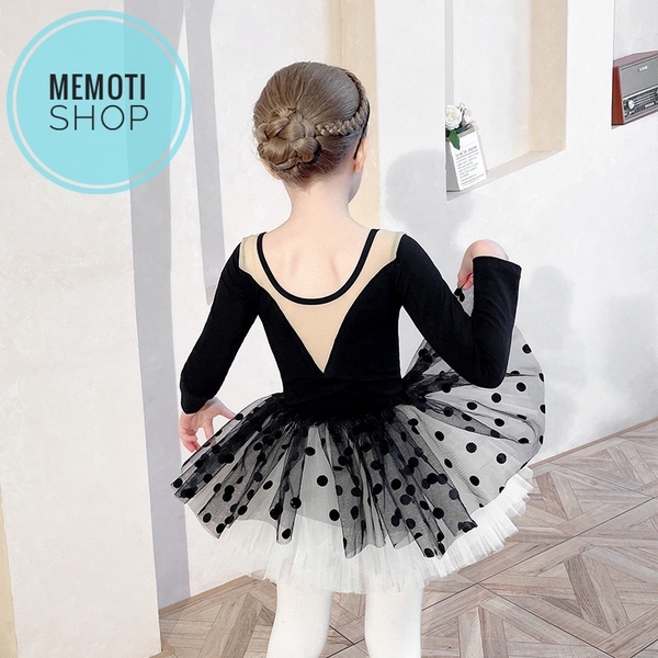 Set áo váy múa V lưng bi đen dài tay