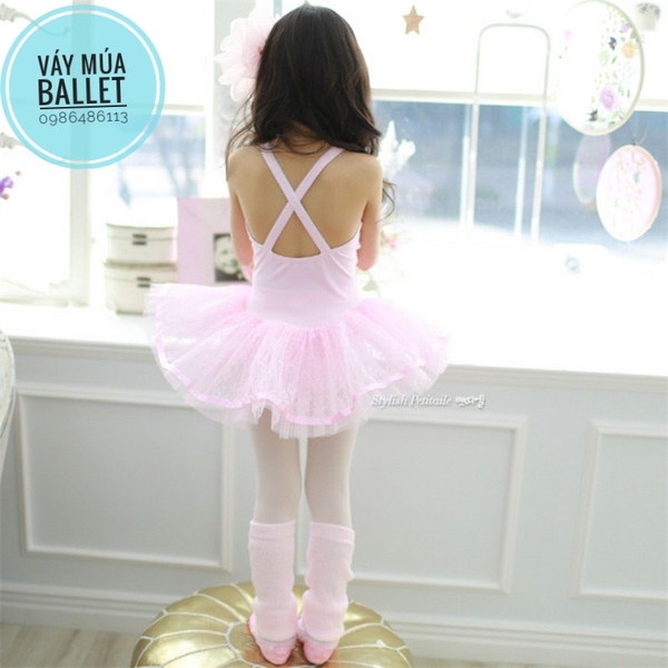 Váy múa 2 dây chéo phối ren mềm mại