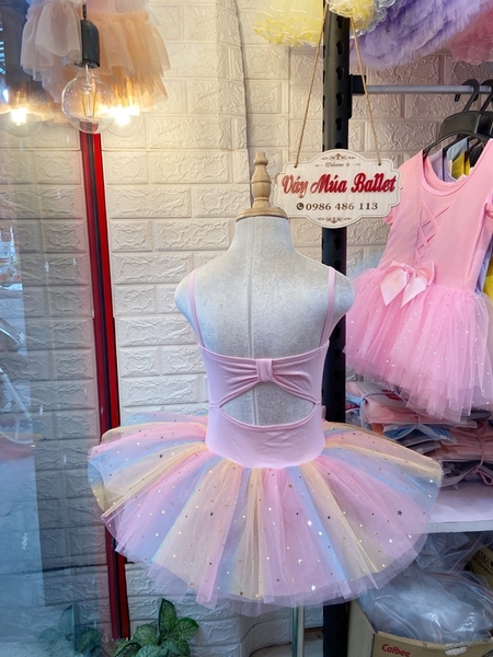 Váy múa 2 dây nơ lưng cầu vồng (vàng, hồng)