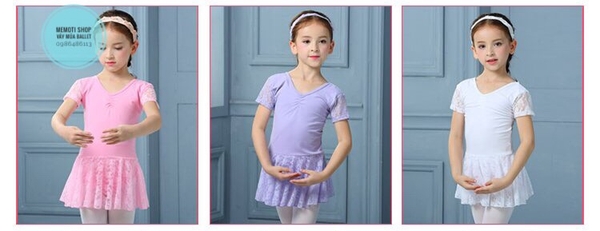 Váy tập múa ren ngắn tay (trắng, hồng)