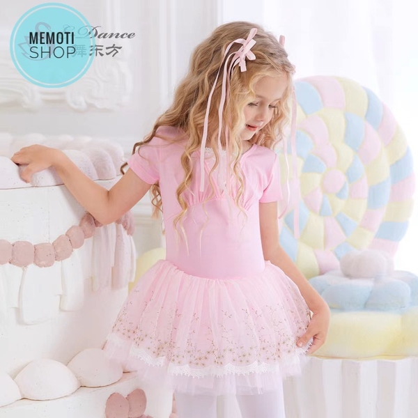 Váy múa đáp ngực phối chân ren tay ngắn (tím, xanh, hồng)