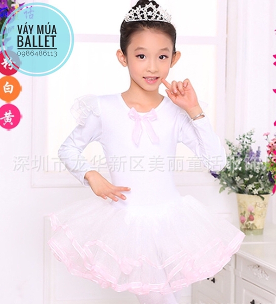 Váy múa tiên viền dài tay màu hồng, trắng, vàng
