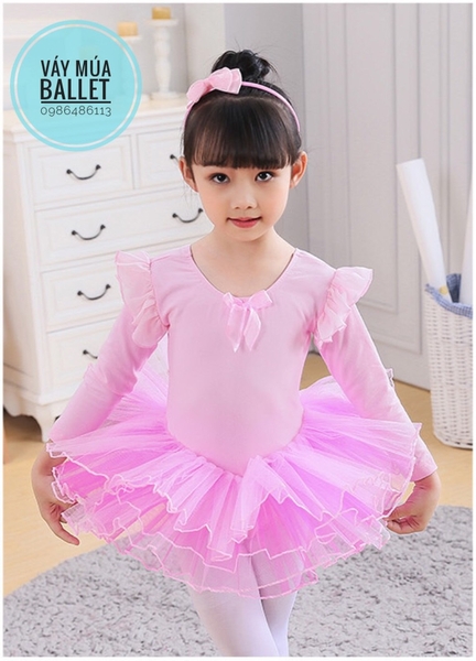 Váy múa tiên dài tay phối màu trắng, hồng