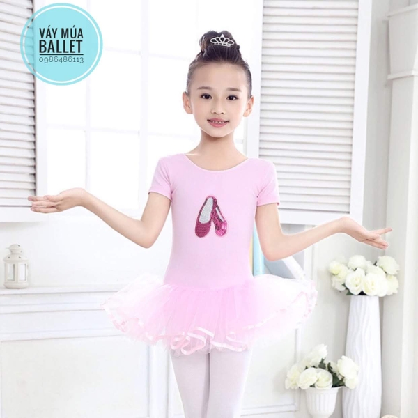 Váy múa kimsa giày tay ngắn màu hồng, tím