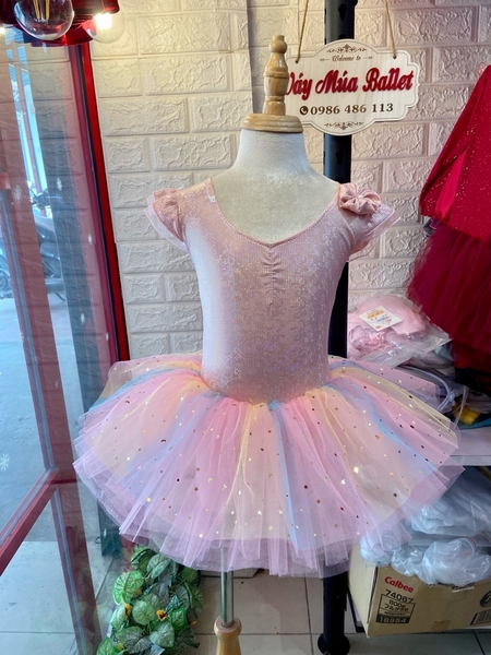 Váy múa tay tiên thun lấp lánh cầu vồng hồng