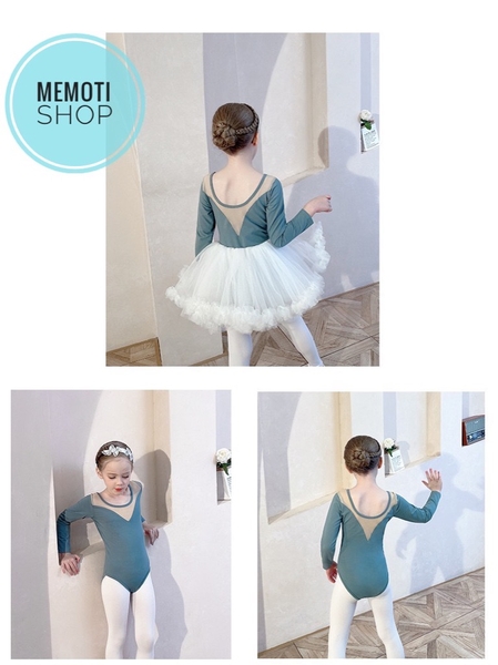 Set áo váy múa V lưng tutu dài tay (đen, ghi)