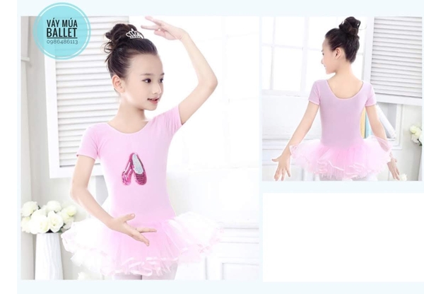 Váy múa kimsa giày tay ngắn màu hồng, tím
