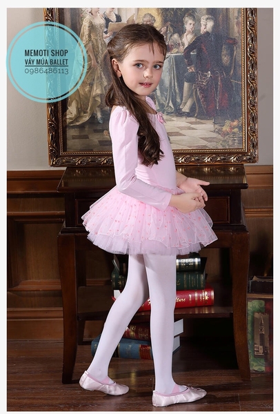 Váy múa nơ sao hồng dài tay