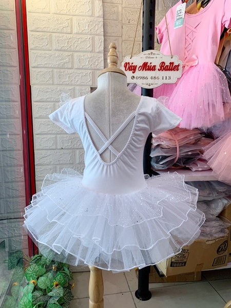 Váy múa tiên tay ngắn von lấp lánh trắng