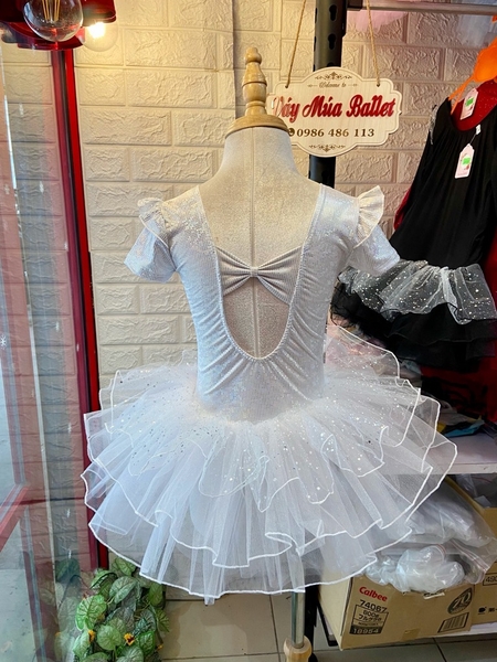Váy múa tay tiên ngắn thun lấp lánh trắng