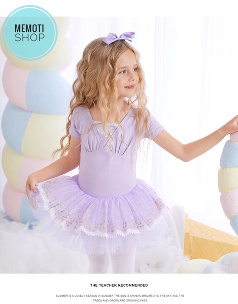 Váy múa đáp ngực phối chân ren tay ngắn (tím, xanh, hồng)