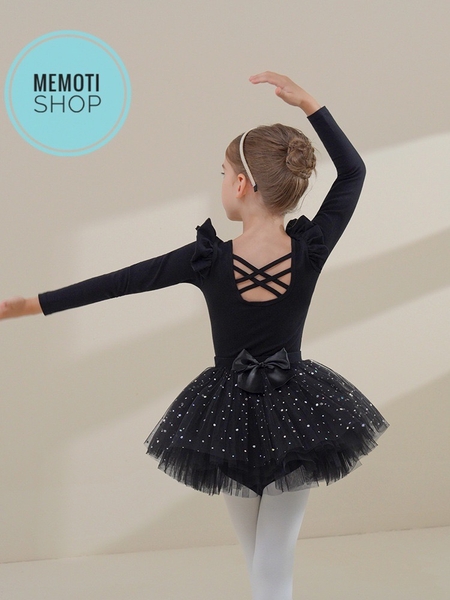 Set áo váy múa tiên đan sao dài tay đen