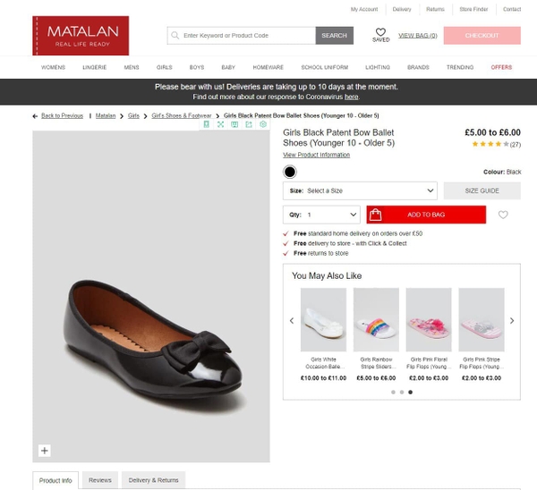 Giày ballet bow black matalan