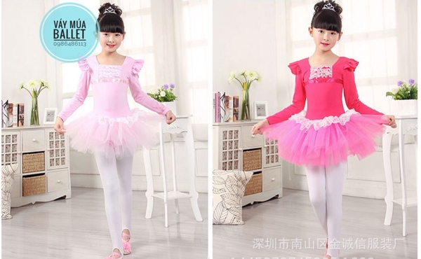 Váy múa ren bèo dài tay (hồng, xanh, đậm)