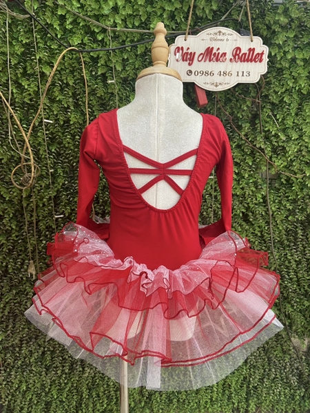 Váy múa đan lưng lấp lánh đỏ đô dài tay