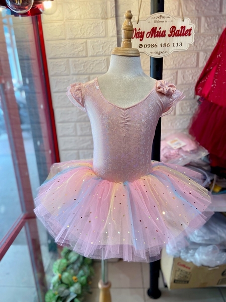 Váy múa tay tiên thun lấp lánh cầu vồng hồng