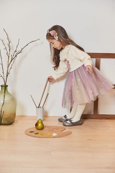 Váy pony cổ ren phối voan sao dài tay