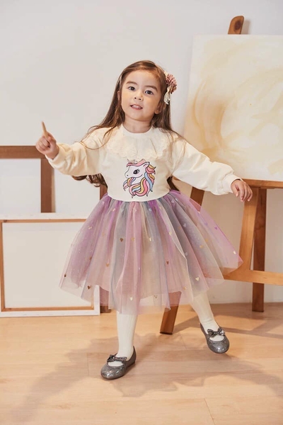Váy pony cổ ren phối voan sao dài tay