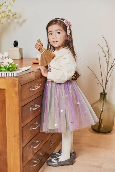 Váy pony cổ ren phối voan sao dài tay