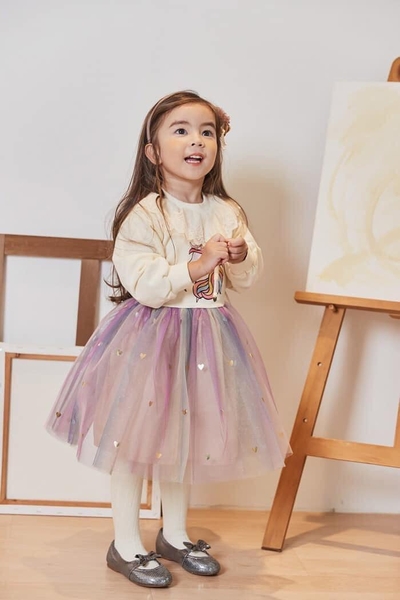 Váy pony cổ ren phối voan sao dài tay